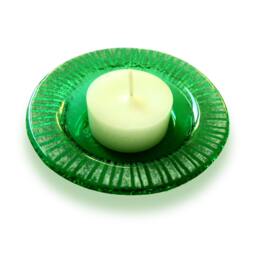 Green Murano Glass Candle-Holder With White Stripes, Fused Saucer For Small Light - Striae Series, Relaxing Table & Bath - thumbnail 1