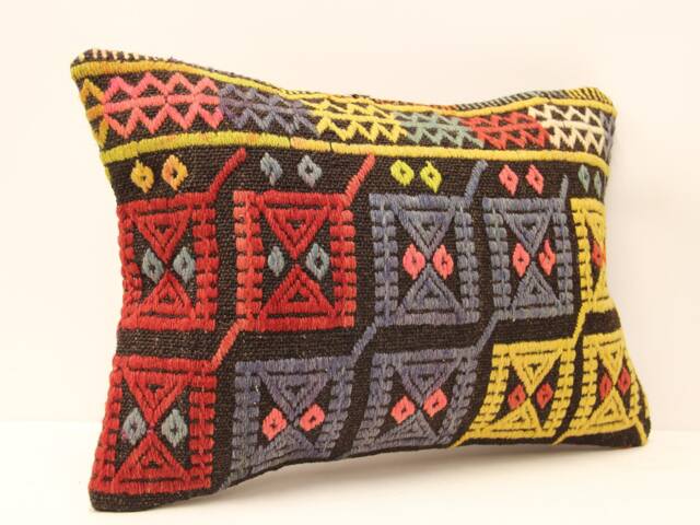 Handmade Turkish Kilim Lumbar Pillow Cover, Boho Tribal Cushion - 14x20 - image 1