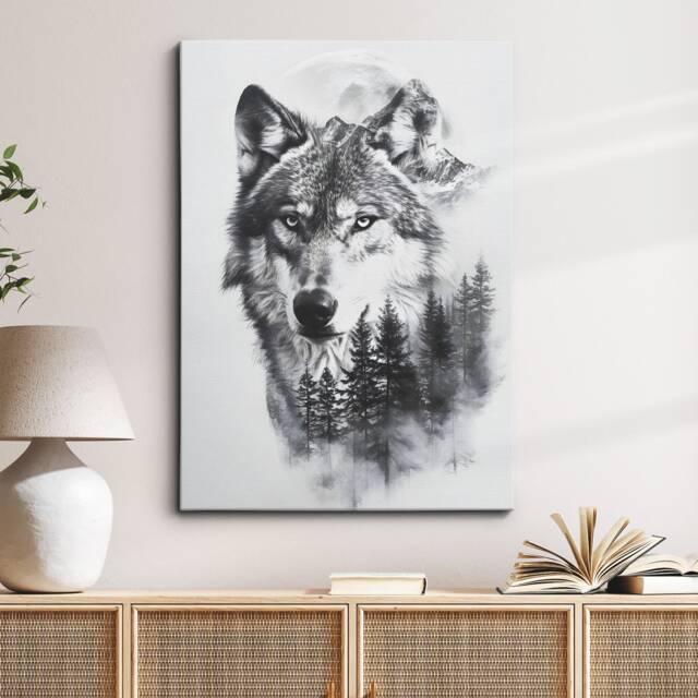 Mystical Wolf Canvas Art - Black & White With Forest & Moon Nature-Inspired Wall Decor Wildlife Lover's Gift Woodland Animal - image 1