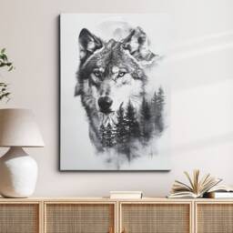 Mystical Wolf Canvas Art - Black & White With Forest & Moon Nature-Inspired Wall Decor Wildlife Lover's Gift Woodland Animal - thumbnail 1