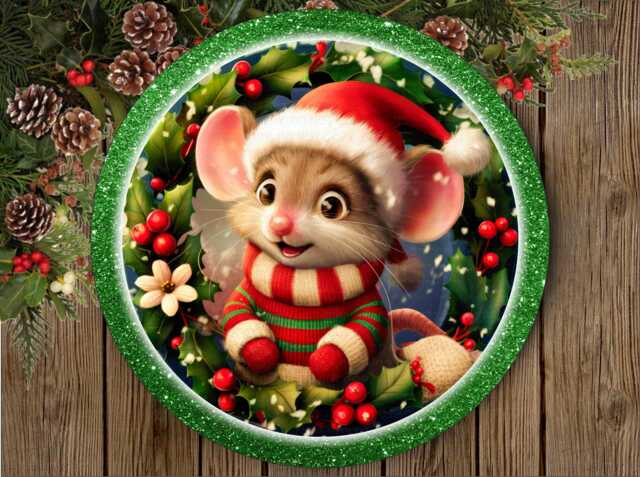 Adorable Xmas Mouse Sign, Cute Christmas Merry Wreath, Wreath Sign - image 1