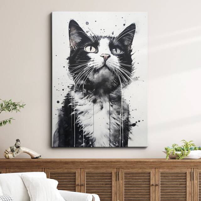 Black & White Cat Pet Fun Animal Paint Oil Painting Banksy Style Wall Art Framed Canvas Poster Print Living Room Home Decor Lover Gifts - image 1