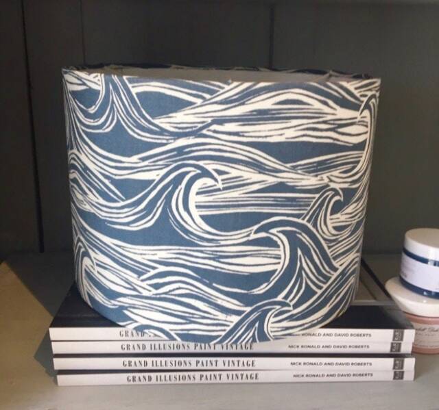 Lamp Shade, 30cm Hand Made, Drum, Coastal Wave Fabric, Blue, White, Cream - image 1