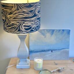 Lamp Shade, 30cm Hand Made, Drum, Coastal Wave Fabric, Blue, White, Cream - thumbnail 2