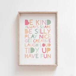 Playroom Prints, Girls Pastel Nursery Be Kind Print, Wall Art, Bedroom Art - thumbnail 1