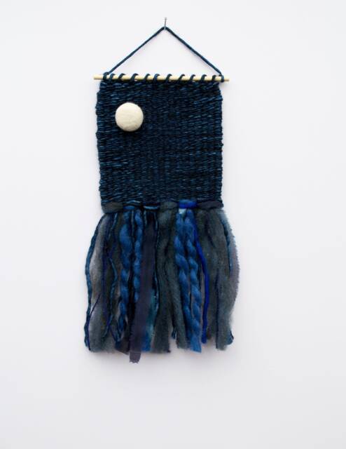 Mini Moon Woven Wall Hanging, Weaving, Tapestry, Navy, Blue, Needle Felting, Small, Nursery Decor, Boho, Modern, Wool, Textile, Fiber - image 1