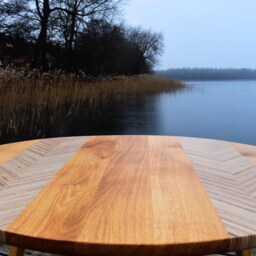 Oval Herringbone Coffee Table Handmade Scandinavian Plywood Sofa Table - thumbnail 2