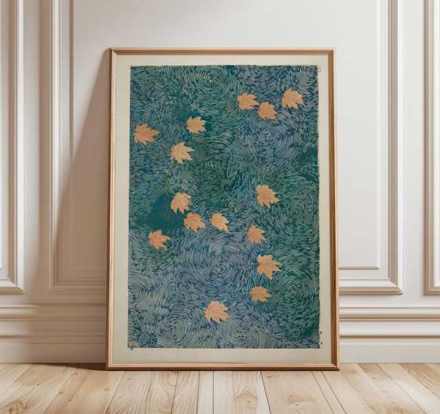 Autumn Maple Leaves Vertical River Poster, Japanese Minimalist Blue Wave Wall Art Print - image 1