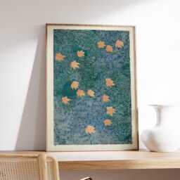 Autumn Maple Leaves Vertical River Poster, Japanese Minimalist Blue Wave Wall Art Print - thumbnail 2