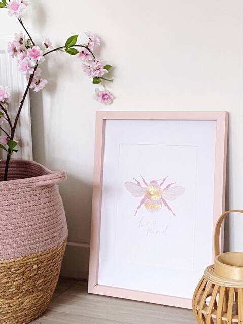 Gold Foil Bee Print Pink Bumble Illustration, Girls Room Art - image 1