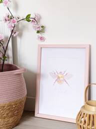 Gold Foil Bee Print Pink Bumble Illustration, Girls Room Art - thumbnail 1