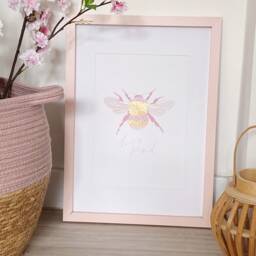 Gold Foil Bee Print Pink Bumble Illustration, Girls Room Art - thumbnail 2