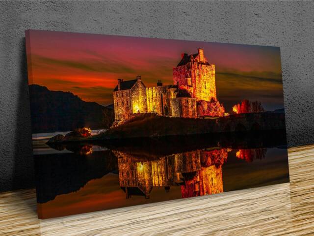 Eilean Donan Castle At Night, Reflections Yellow Lights, Sunset , United Kingdom, Mounted Canvas Wall Art Print Ready To Hang - image 1