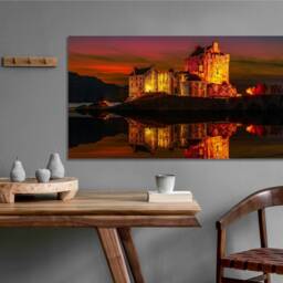 Eilean Donan Castle At Night, Reflections Yellow Lights, Sunset , United Kingdom, Mounted Canvas Wall Art Print Ready To Hang - thumbnail 2