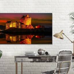 Eilean Donan Castle At Night, Reflections Yellow Lights, Sunset , United Kingdom, Mounted Canvas Wall Art Print Ready To Hang - thumbnail 3