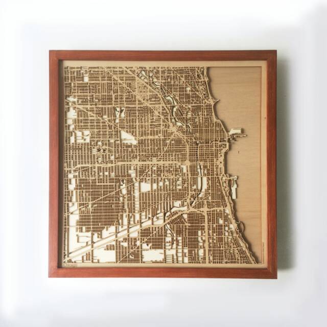 Chicago Wooden Map - Laser Cut Mahogany Streets, Framed Wall Art - image 1