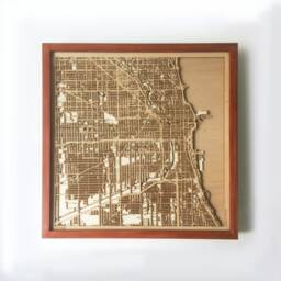 Chicago Wooden Map - Laser Cut Mahogany Streets, Framed Wall Art - thumbnail 1