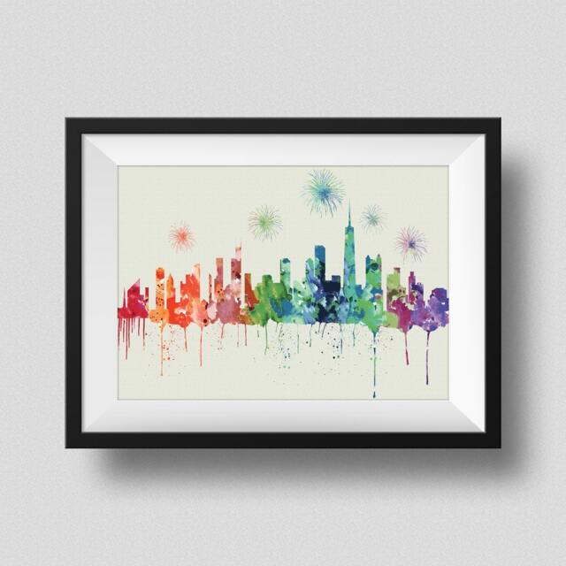 Chicago Skyline Rainbow Watercolor Map Art Print City With Firework Ink Splash Poster Canvas