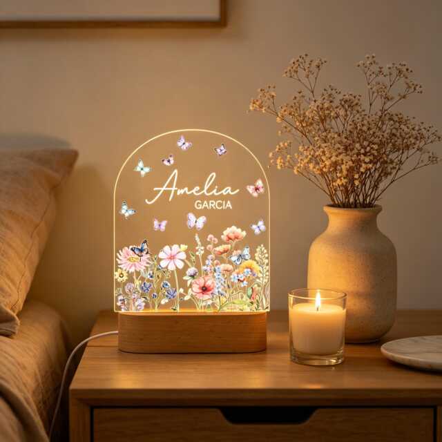 Custom Floral Butterfly Name Night Light, Personalized Flower Garden Lamp, Birthday Gift, Bedroom Bedside Light, Nursery Decor, Easter Gift - image 1