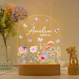 Custom Floral Butterfly Name Night Light, Personalized Flower Garden Lamp, Birthday Gift, Bedroom Bedside Light, Nursery Decor, Easter Gift - thumbnail 3