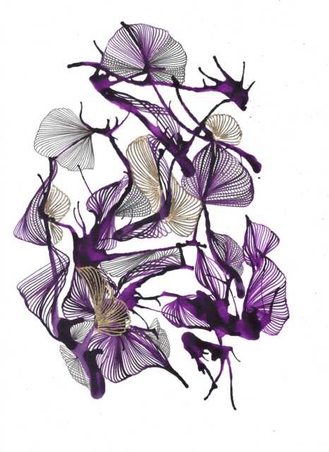Original Abstract Art - Purple Hues, Black, White & Gold Ink, Pen & Leaf On Bristol Paper - image 1