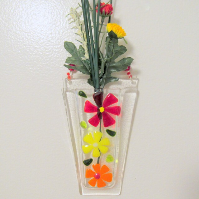 Fused Glass Wall Vase, Red Flowers, Floral Hanging Pocket - image 1