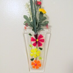 Fused Glass Wall Vase, Red Flowers, Floral Hanging Pocket - thumbnail 1