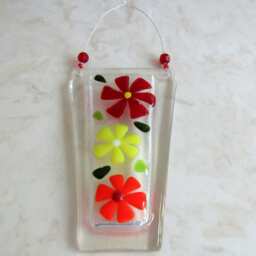 Fused Glass Wall Vase, Red Flowers, Floral Hanging Pocket - thumbnail 3