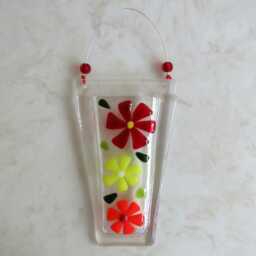 Fused Glass Wall Vase, Red Flowers, Floral Hanging Pocket - thumbnail 2