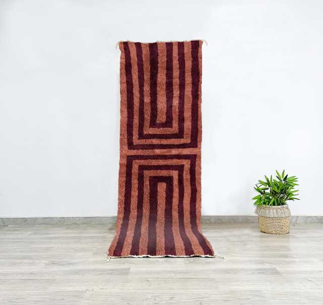 Luxurious Handmade Red Beni Ourain Runner, Oxblood & Protea Geometric Design - Premium Moroccan Berber Wool Rug For Hallway & Entryway - image 1
