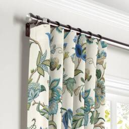 Jacobean Linen Curtain Panel, Blue Floral Window Panel in Kaufmann Designer Fabric Brissac - thumbnail 1