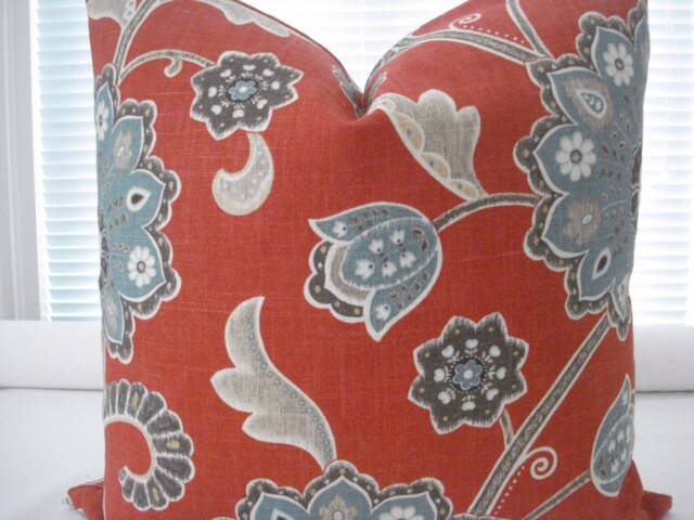 Ankara By Braemore -Linendecorative Designer Pillow CoverLumbar Pillow-Persimmon - Greyish Bluish Teal-Chocoloate & Neutrals - image 1
