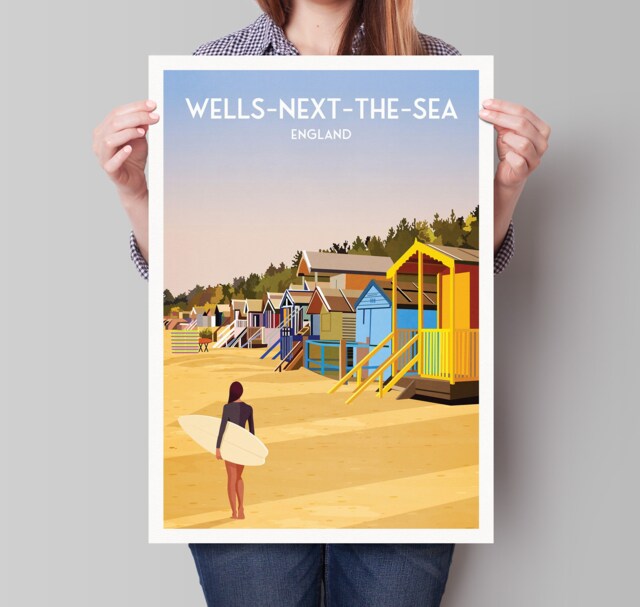 Wells-Next-The-Sea Print - Beach Huts North Norfolk Travel Poster English Seaside Wall Art - image 1