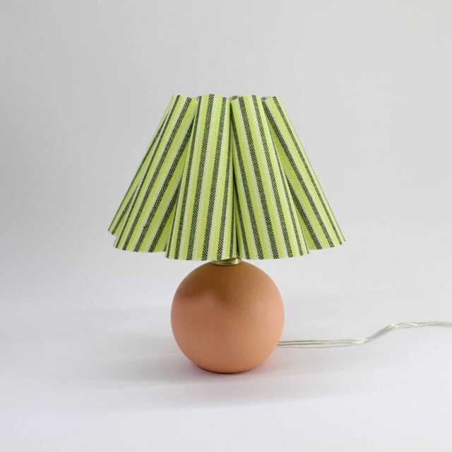 Handmade Lemon Green Striped Table Lamp Scallop Fabric Shade, Ceramic Base - image 1