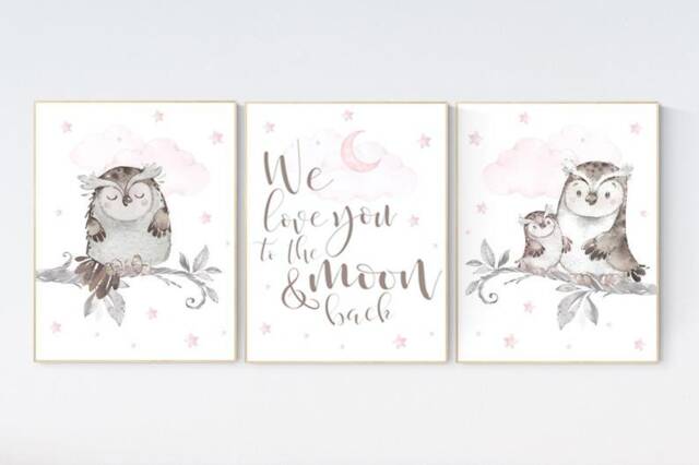 Owl Nursery Print Pink & Gray Baby Room Wall Art - image 1