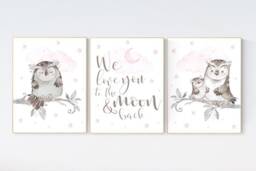 Owl Nursery Print Pink & Gray Baby Room Wall Art - thumbnail 1