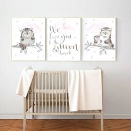 Owl Nursery Print Pink & Gray Baby Room Wall Art - thumbnail 2