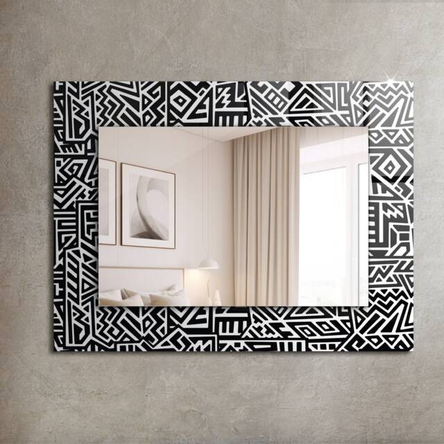 Geometric Pattern Mirror, Rectangular Mirror With Frame, Black Printed Decorative Wall For Entrance - image 1