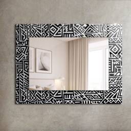 Geometric Pattern Mirror, Rectangular Mirror With Frame, Black Printed Decorative Wall For Entrance - thumbnail 1