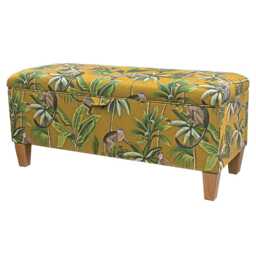 Ochre Monkey Storage Bench - Yellow Tropical Jungle Ottoman 100% Cotton Fabric Handmade in Britain