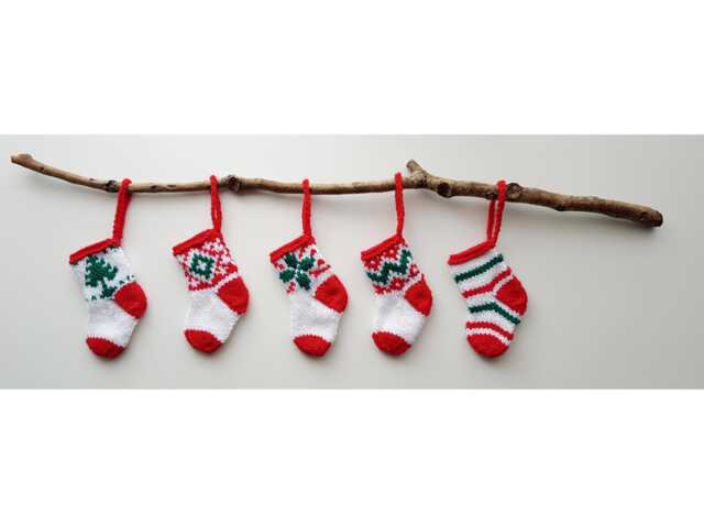 Five Handknitted Small Mini Tiny Little Christmas Stocking Tree Decoration Red Green White Set Of 5 Ready To Ship - image 1