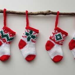 Five Handknitted Small Mini Tiny Little Christmas Stocking Tree Decoration Red Green White Set Of 5 Ready To Ship - thumbnail 3