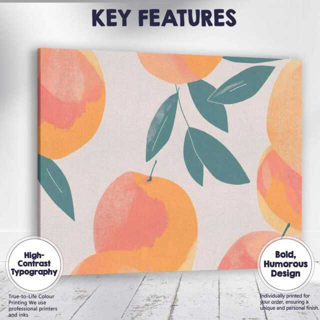 Minimalist Peach Fruit Leaf Repeat Pattern Canvas Wall Art Print Decor Picture Ready To Hang - image 1