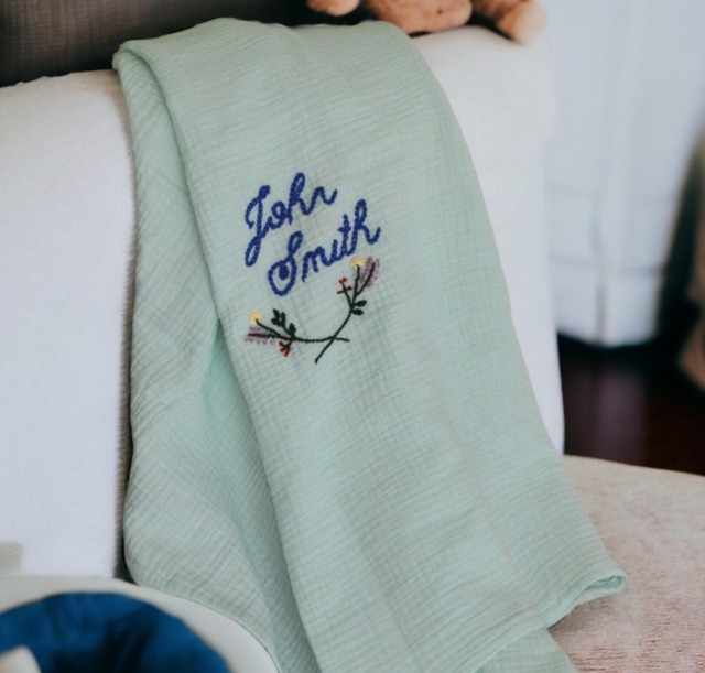 Personalized Hand Embroidered Muslin Baby Blanket - Organic Swaddle - image 1
