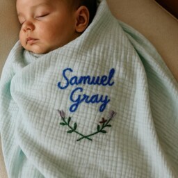 Personalized Hand Embroidered Muslin Baby Blanket - Organic Swaddle - thumbnail 4