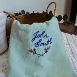 Personalized Hand Embroidered Muslin Baby Blanket - Organic Swaddle - thumbnail 3