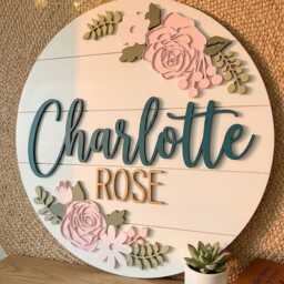 Personalized Floral Baby Name Sign, Girl Nursery Wall Decor, Custom Wood Pink Sage Green Room Sign - thumbnail 2