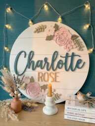 Personalized Floral Baby Name Sign, Girl Nursery Wall Decor, Custom Wood Pink Sage Green Room Sign - thumbnail 1