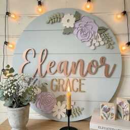 Personalized Floral Baby Name Sign, Girl Nursery Wall Decor, Custom Wood Pink Sage Green Room Sign - thumbnail 3