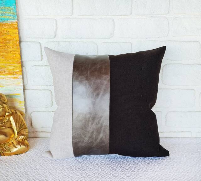 Linen & Faux Leather Pillow Cover Dark Brown, Gray Accent - 16x16'' - image 1